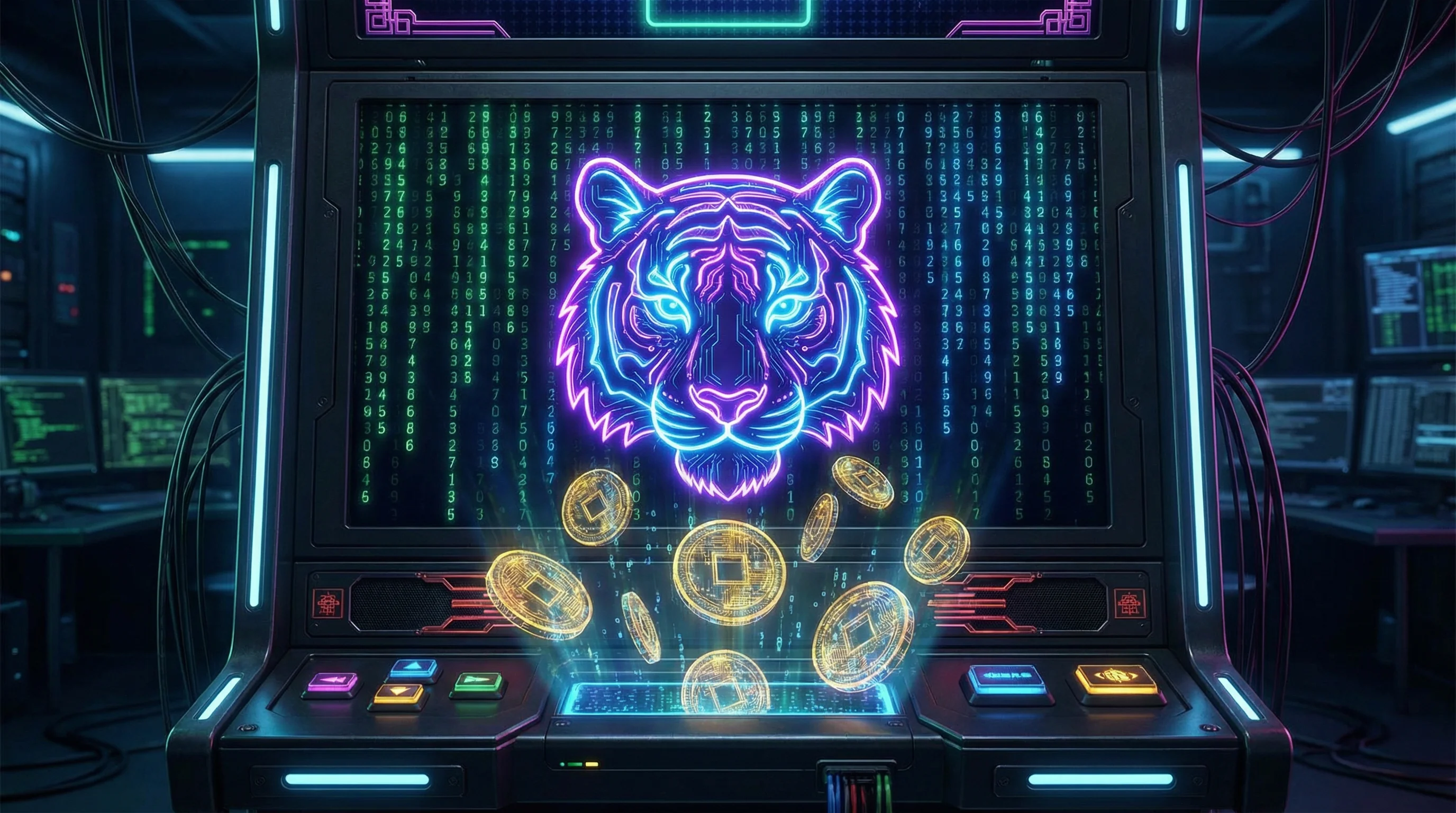 Jogo Fortune Tiger com tigre neon e moedas douradas no ganheibet